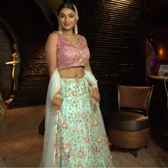 Ice Blue With Pink Lehenga