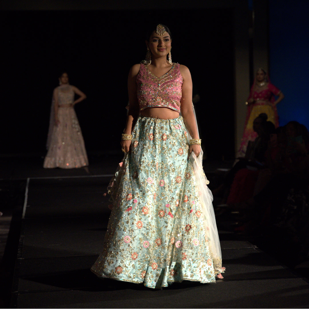 Ice Blue With Pink Lehenga