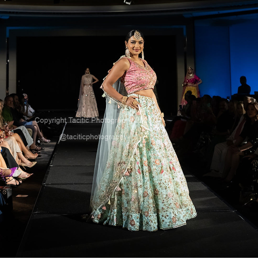 Ice Blue With Pink Lehenga