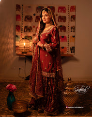 Majestic Mehroon Crape Pakistani Sharara Suit