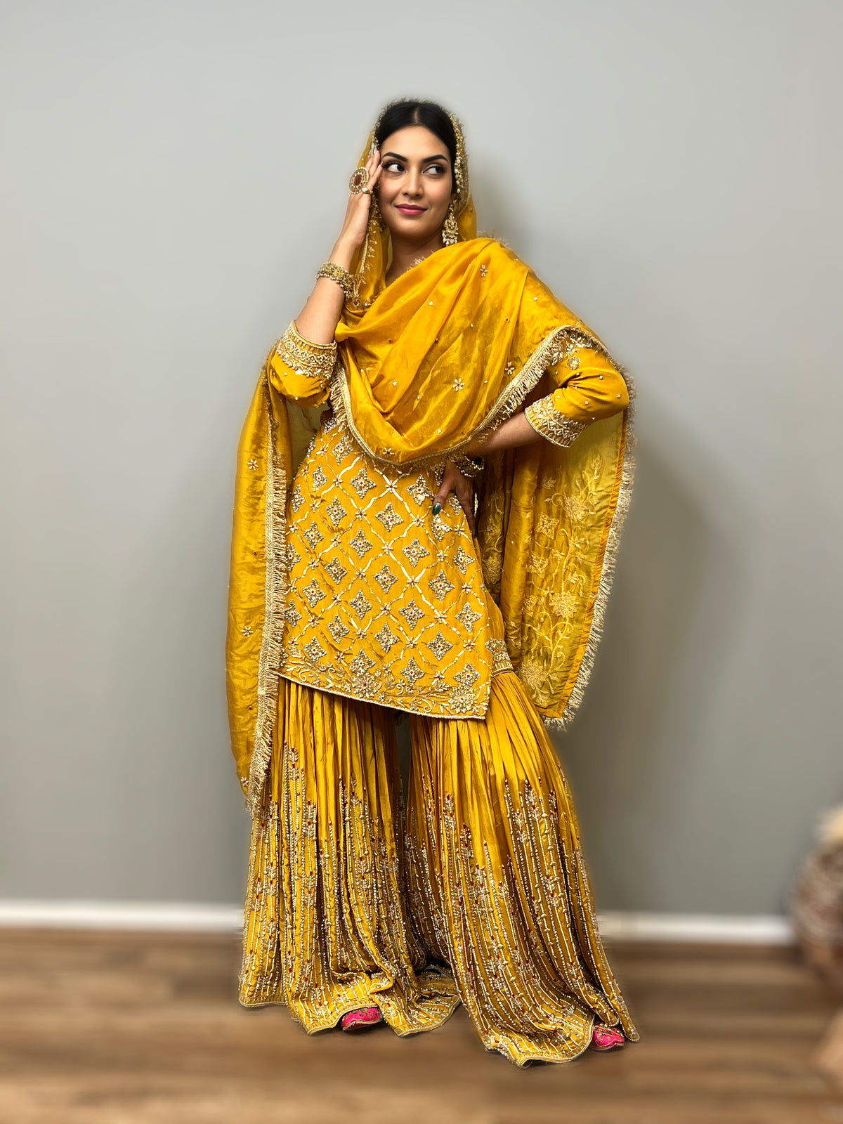 Radiant Mustard Yellow Crape Sharara Suit