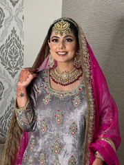 Elegant Wine and Grey Soft Velvet Sharara Suit