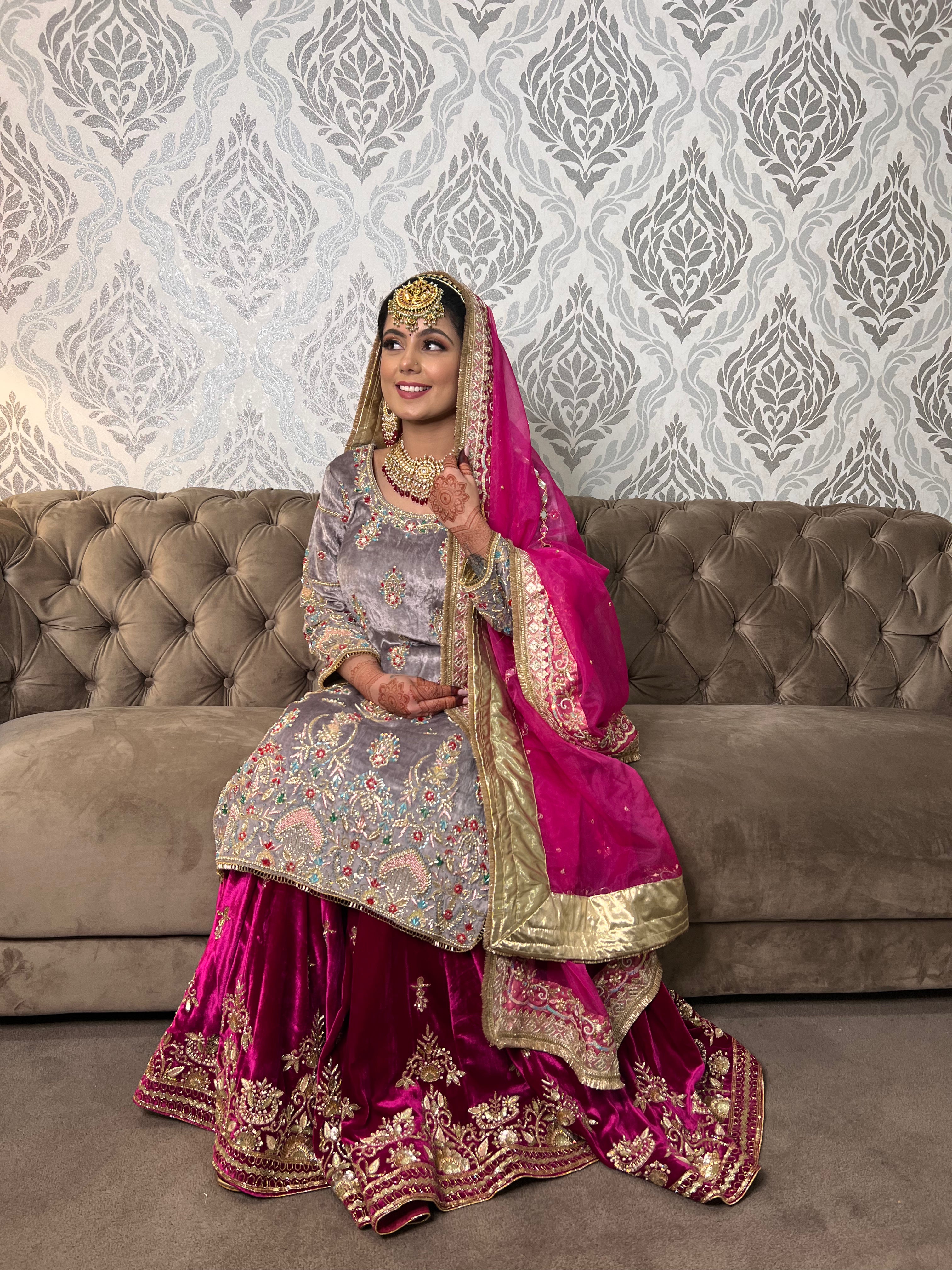 Elegant Wine and Grey Soft Velvet Sharara Suit