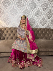 Elegant Wine and Grey Soft Velvet Sharara Suit