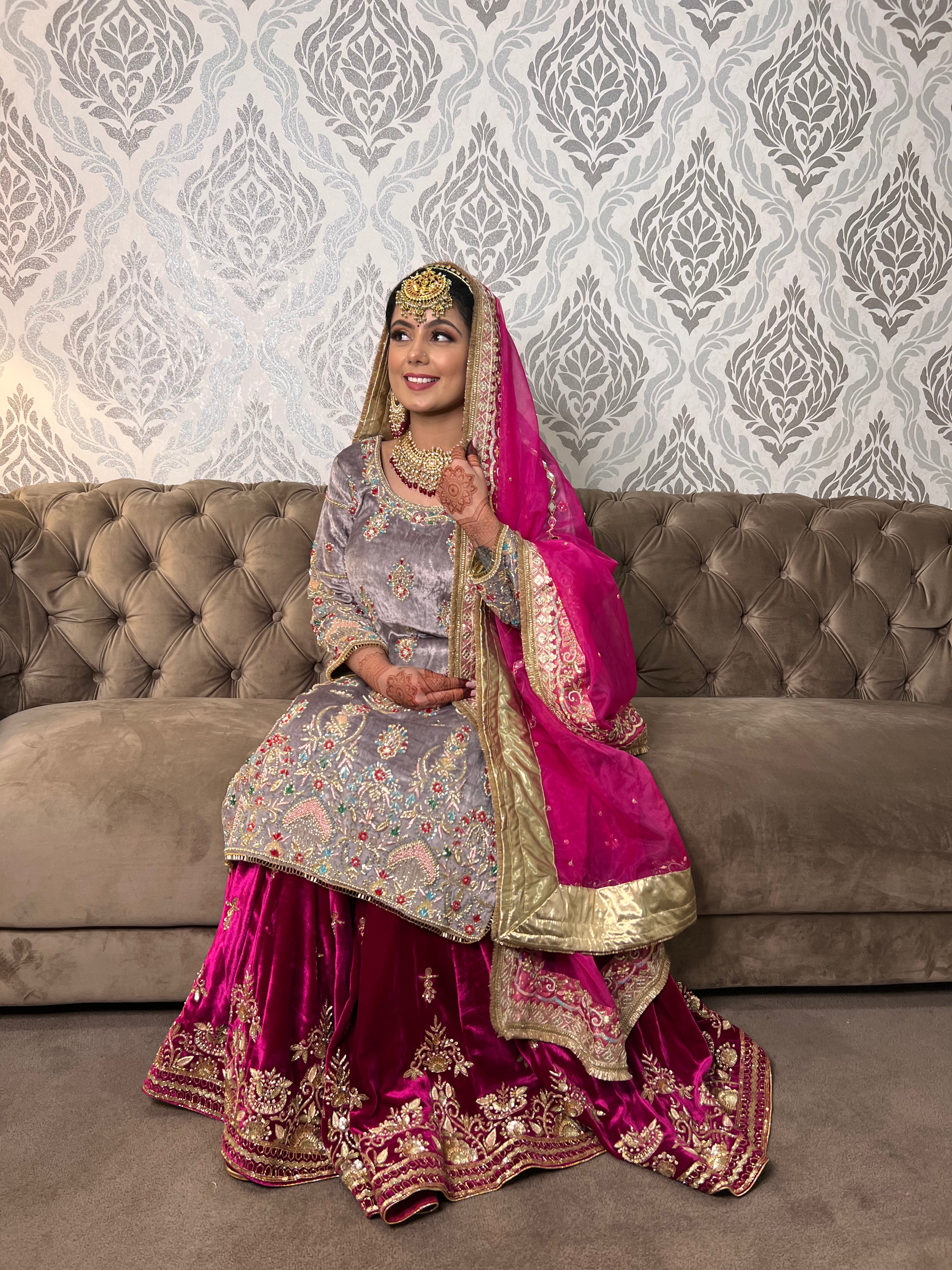 Elegant Wine and Grey Soft Velvet Sharara Suit