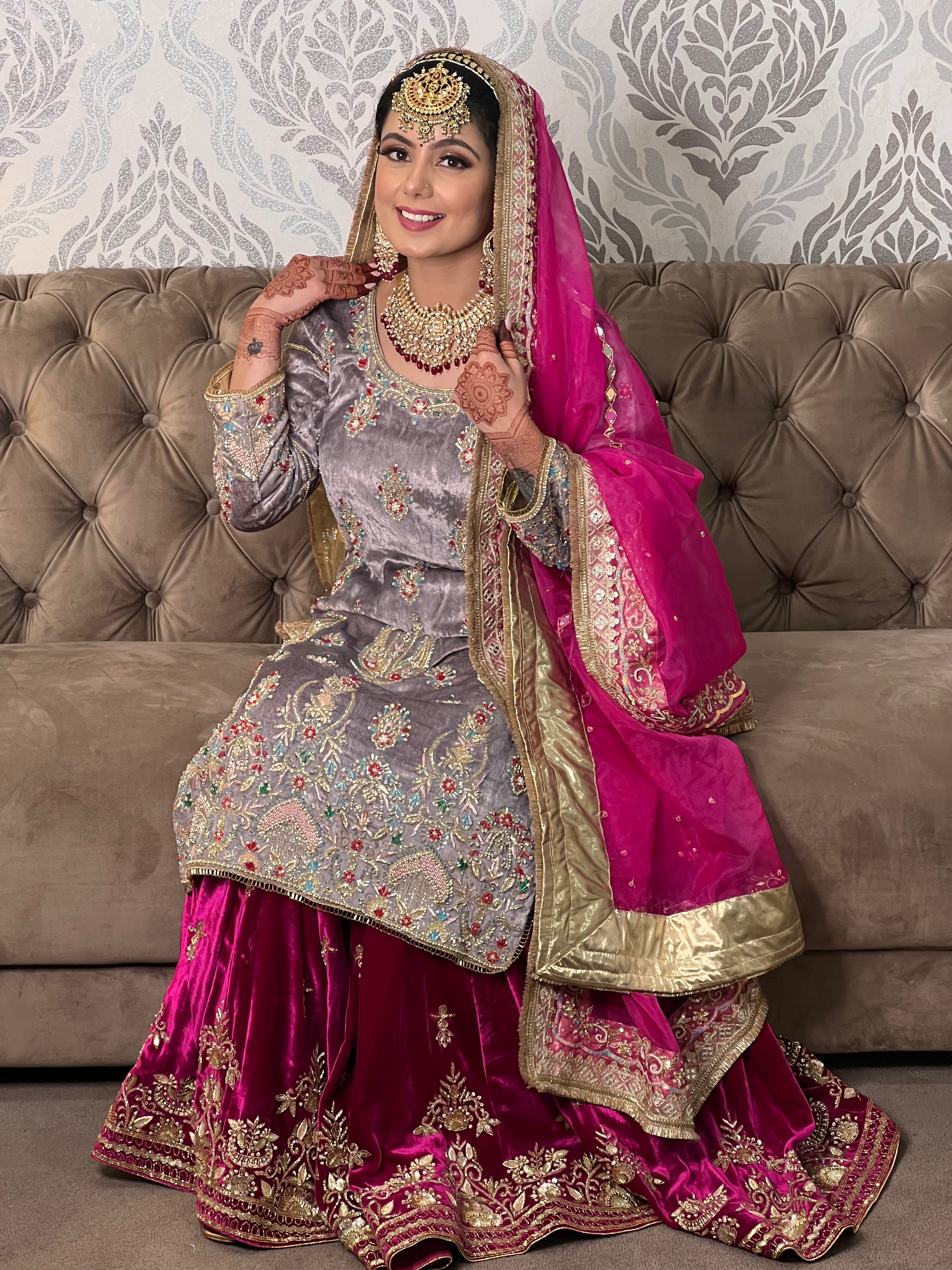 Elegant Wine and Grey Soft Velvet Sharara Suit